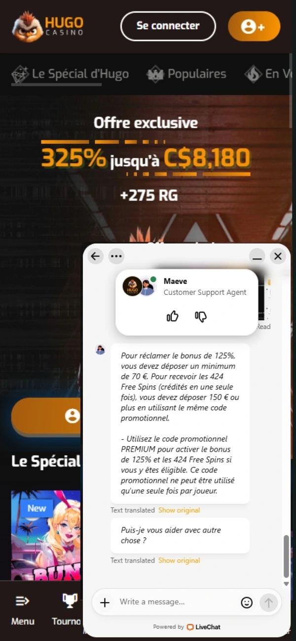 Hugo Casino codes bonus Mobile.