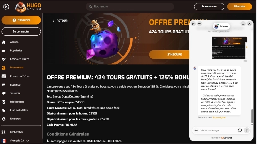 Hugo Casino codes promos