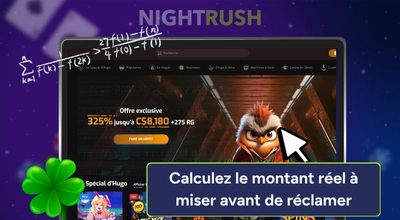 Interface casino avec bonus et calcul du montant réel à miser avant retrait