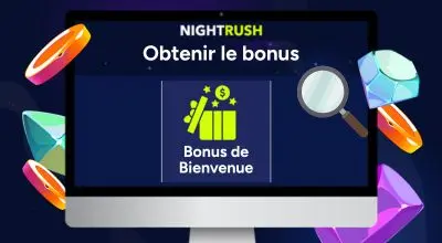 Écran Nightrush « Obtenir le bonus » avec visuel Bonus de bienvenue et éléments graphiques colorés.