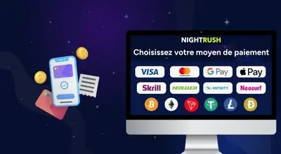 Écran Nightrush présentant différents moyens de paiement : Visa, Mastercard, GPay, Apple Pay, Skrill, Neteller, MiFinity et crypto.