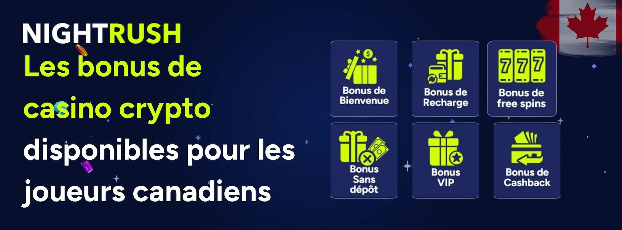 Bannière avec le texte : Bonus de casino crypto disponibles pour les joueurs canadiens