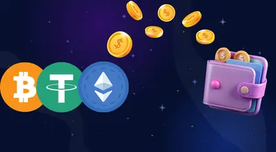 Icônes de Bitcoin, Tether et Ethereum à côté d’un portefeuille numérique avec des pièces qui tombent