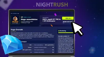 En laptop med Nightrush sin hjemmeside, en musepeker og en diamant rundt.