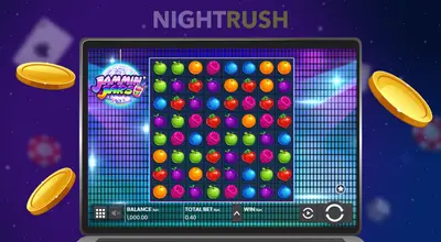 En laptop med Jammin’ Jars open og gullmynter spredd rundt.