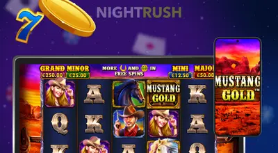 En laptop med Mustang Gold åpen på skjermen og en mobil ved siden av med samme spill.