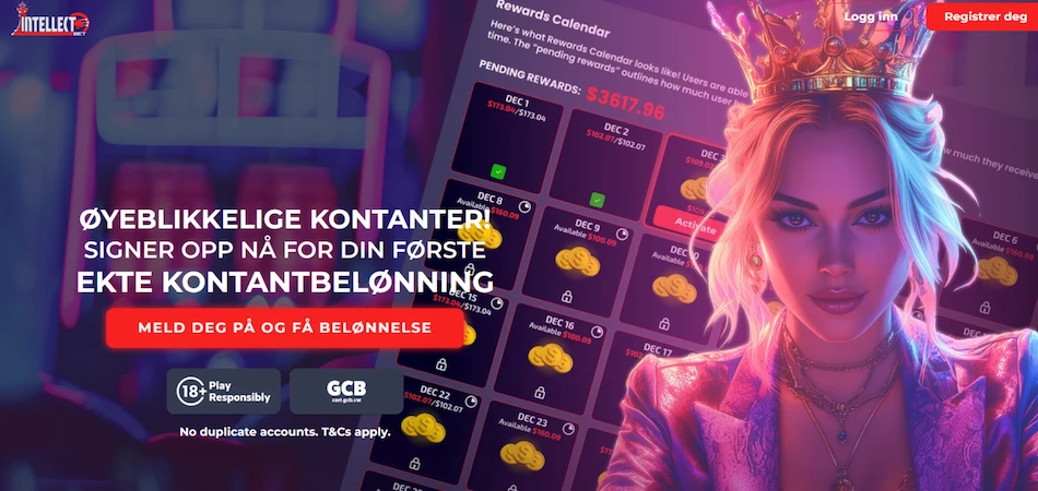 Et registreringsskjema for IntellectBet med en blond attraktiv kvinne til venstre med en krone.