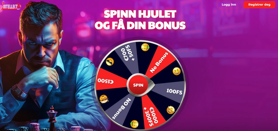 Et bonushjul på IntellectBet med en seriøs mann i dress til venstre på en lilla bakgrunn.
