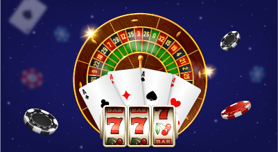 Et ruletthjul, fire ess, et automathjul og pokersjetonger flyter rundt på en lilla bakgrunn.