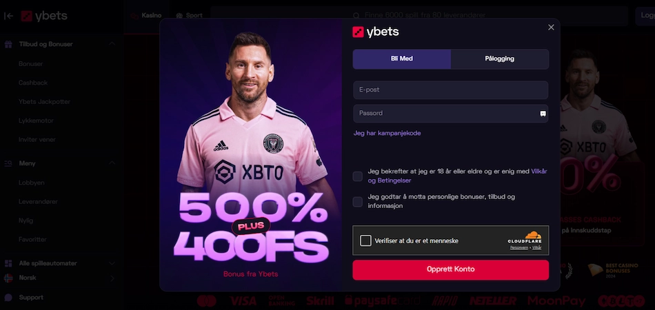 Velkomstsiden til Ybets med Lionel Messi og et registrersingsskjema.