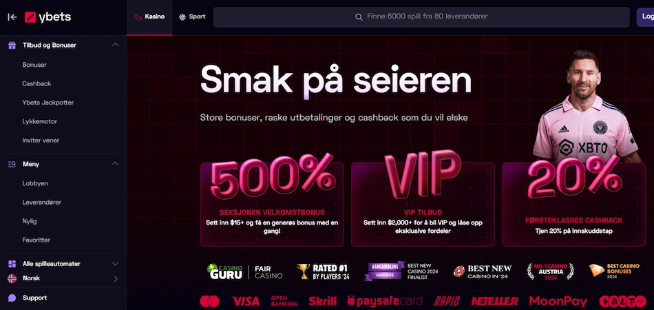 Ybets casino sin hjemmeside med Lionel Messi og et slagord som sier: Smak på seieren.