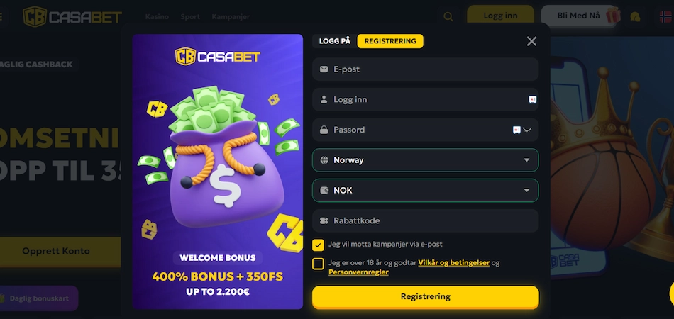 CasaBet sin hjemmeside med registreringsskjemaet og velkomstbonusen.