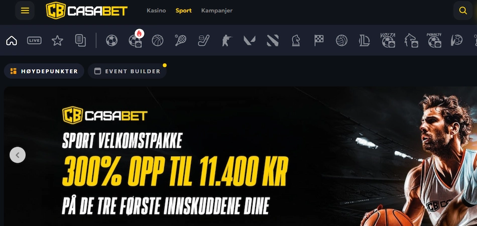 Sports-siden til CasaBet med velkomstkampanjen 300 % opptil 11 400 kr.
