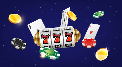 På en lilla bakgrunn flyter et automathjul, et ruletthjul, spillekort og poksersjetonger.