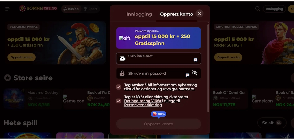 Roman Casino sitt registreringsskjema over deres hjemmeside med bonuser og spill i bakgrunnen.
