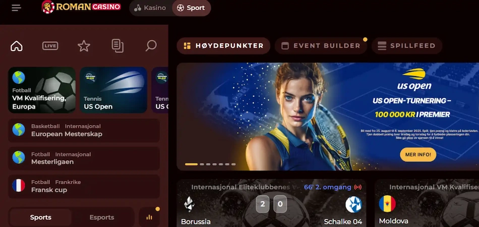 Sports-seksjonen til Roman Casino med en oversikt over høydepunker, event builder og spillfeed.