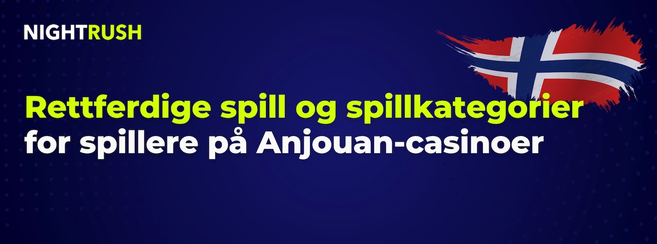 Blått banner med Nightrush-logo: Rettferdige spill og spillkategorier for Anjouan-casinoer.