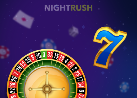 Apple Pay-casino: Lilla bakgrunn og et ruletthjul og tallet 7 i blått og gull.