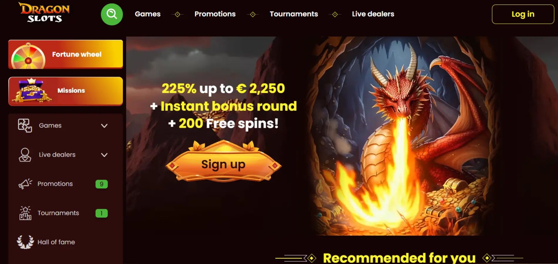 En oversikt over hjemmesiden til Dragonslots casino med velkomsttilbudet og en ild-sprutende drage.