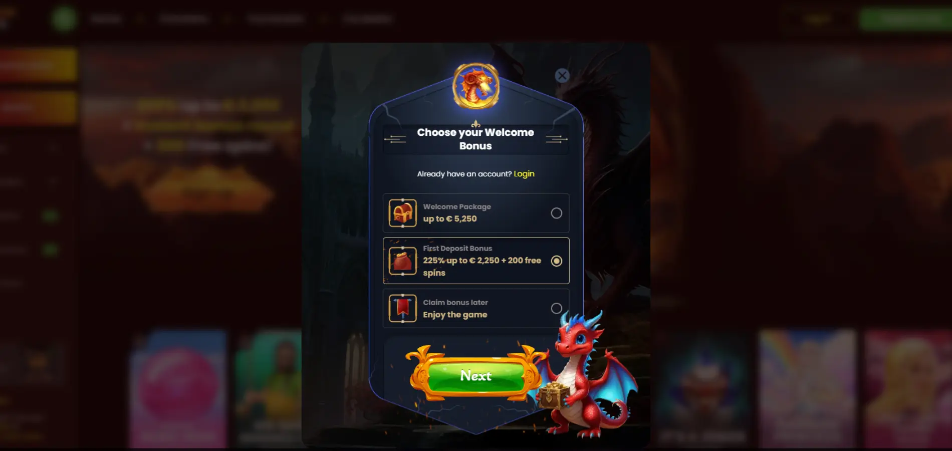 Hjemmesiden til Dragonslots med registreringsskjemaet med den lille drage-maskotten helt nederst.