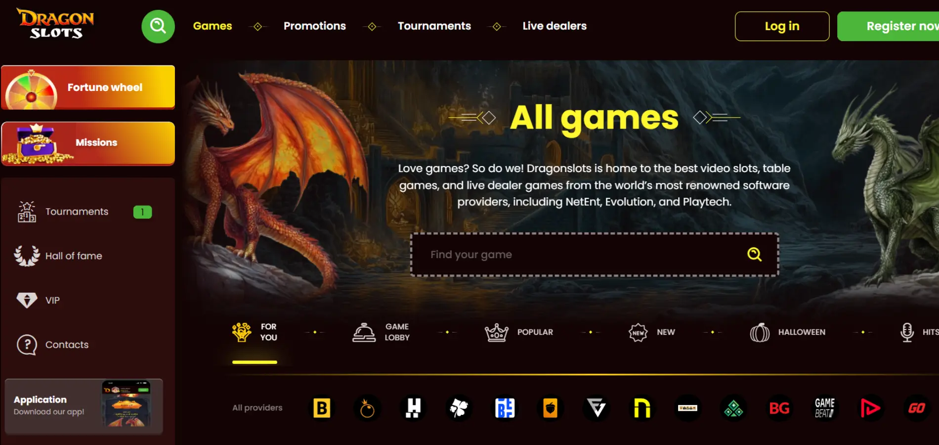 En oversikt over Dragonslots casino sin casinospill-side med menyen til venstre.