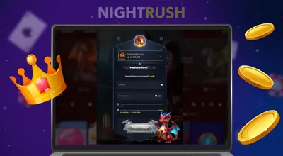 En laptop med del 2 av registreringsskjemaet til Dragonslots og rundt noen gullmynter og et gullkrone.