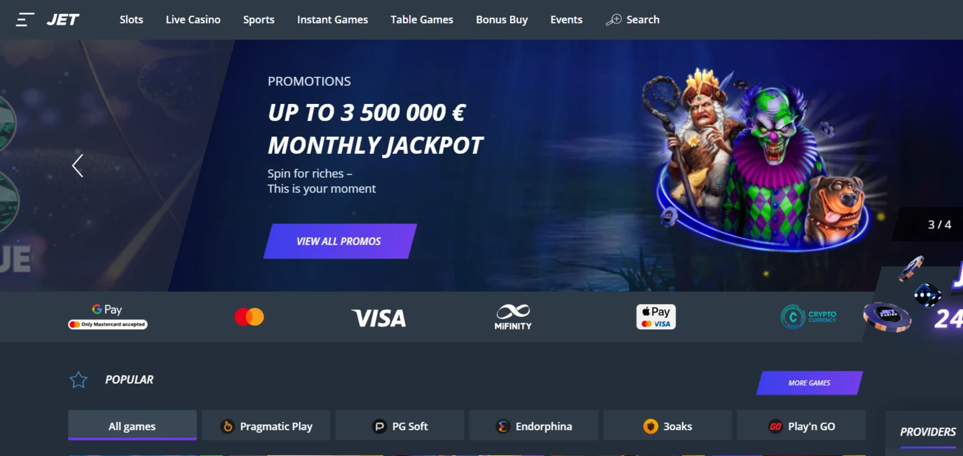 Hjemmesiden til Jet Casino en bonus synlig, og et utvalg av spilleverandører.