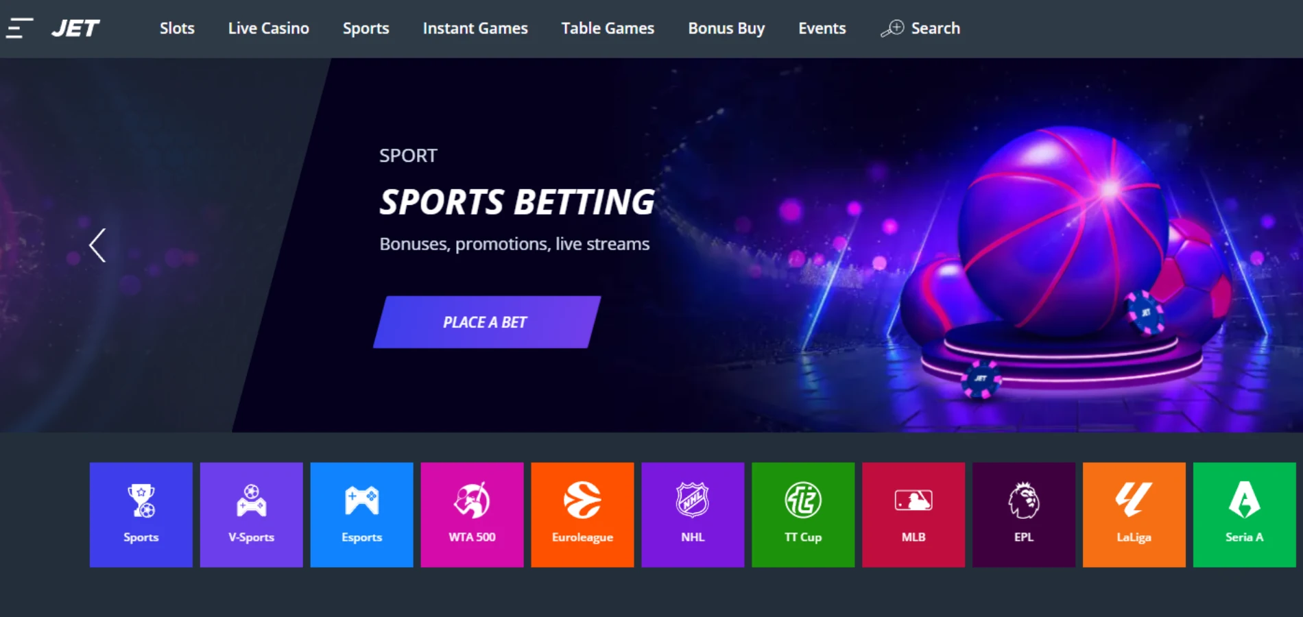 En oversikt over Jet Casino sin sportsbook.