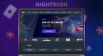 Hjemmesiden til Jet Casino med oversikt over velkomstbonus, spilleverandører og betalingsløsninger.