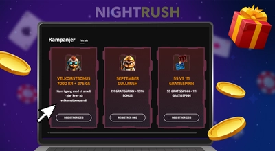 En data med Hugo Casino sine bonuser, tre gullmynter og en pakke svever rundt dataen.