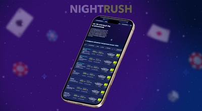 En iPhone med Nightrush sin egen hjemmeside og casinoliste på skjermen.
