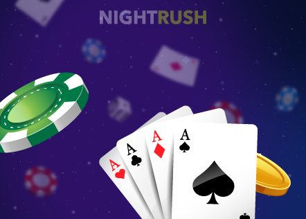 Beste casinospill: Lilla bakgrunn og en vifte med fire ess og en pokerchip.