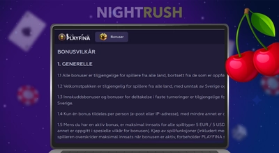 En laptop med Playfina sine bonusvilkår, et kirsebær på høyre side av skjermen.