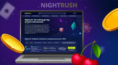 Mynter og frukt rundt en laptop med laptop med hjemmesiden til Nightrush.