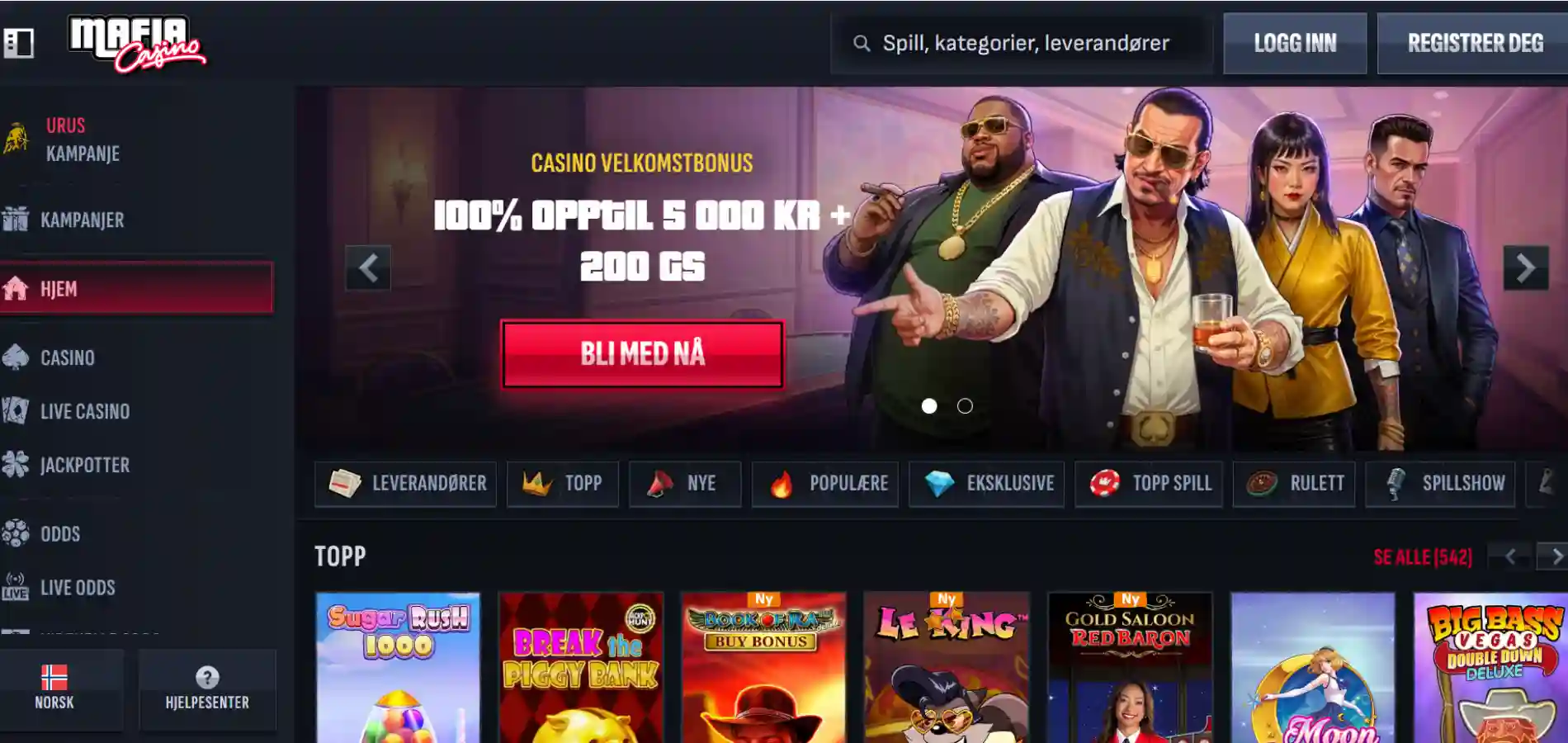 Hjemmesiden til Mafia Casino med menyen på venstre side.