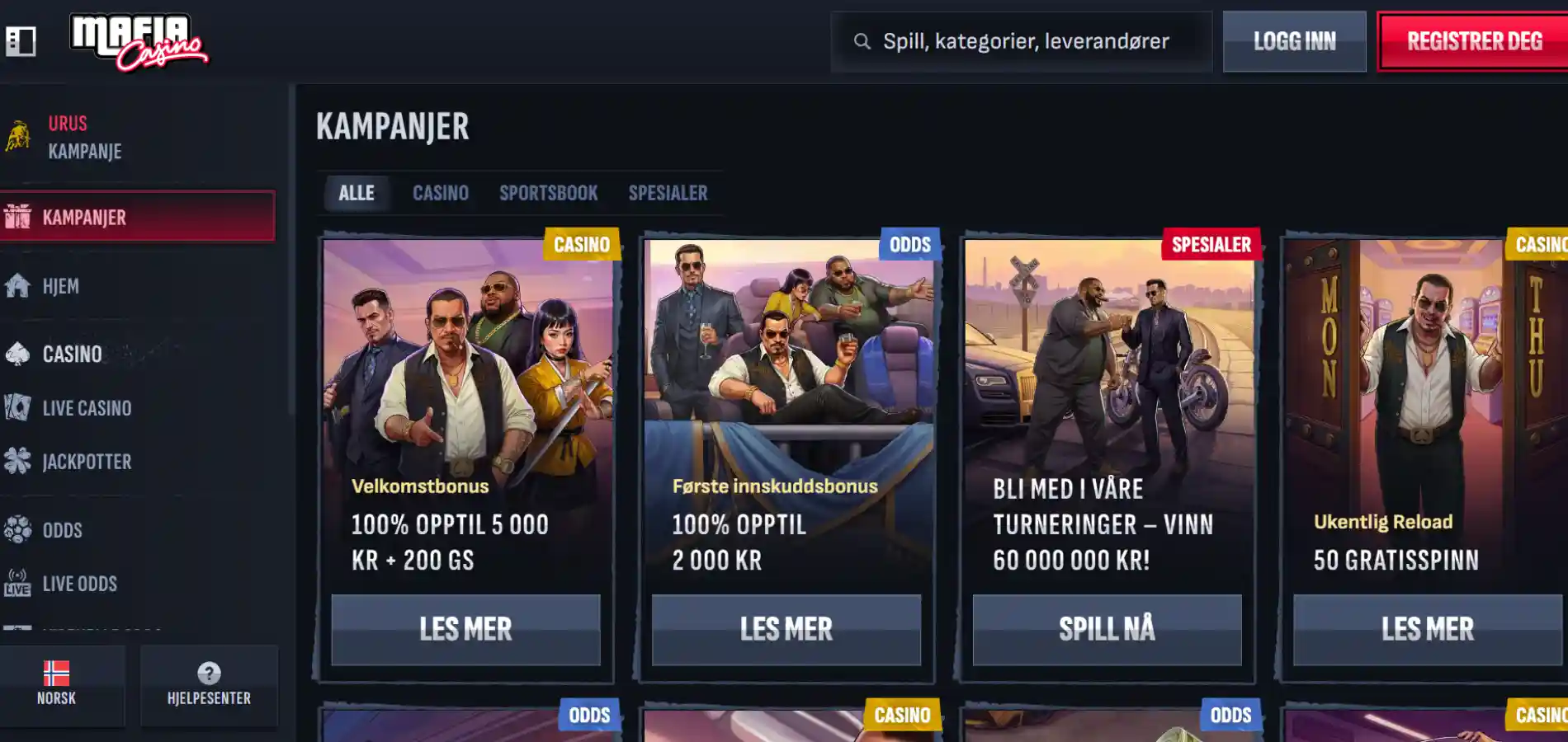 Oversikt over noen av Mafia Casino sine casinobonuser, som velkomstbonusen.