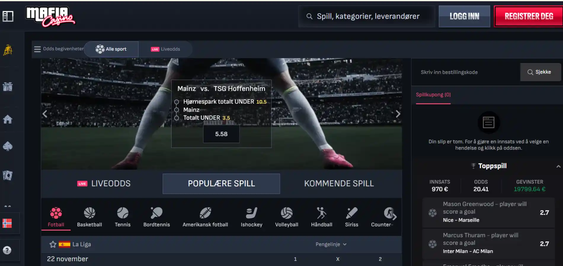 Oversikt over sportsbetting-siden til Mafia Casino med noen av markedene.