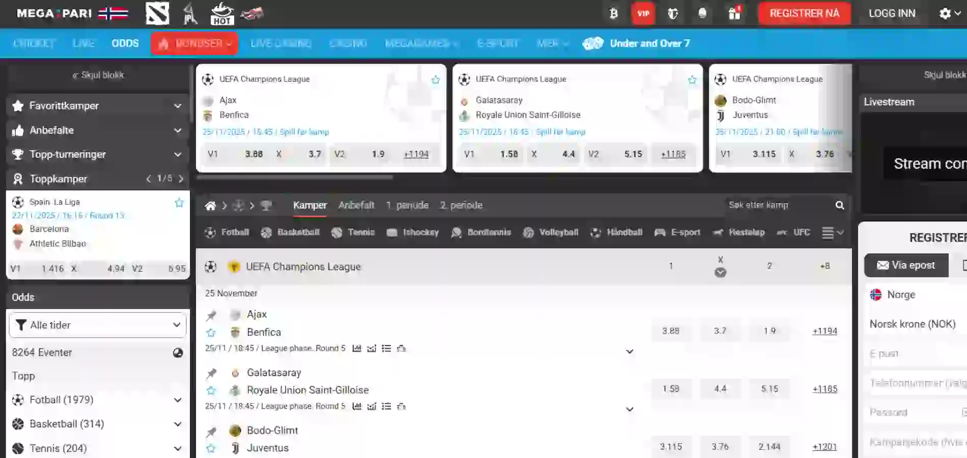 Oversikt over Megapari casino sin sportsbetting-side med meny på venstre side.