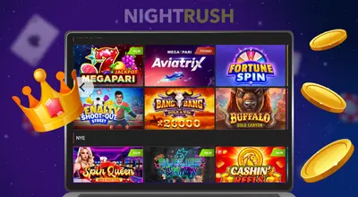 En laptop med Megapari-spill, rundt en gullkrone og gullmynter.