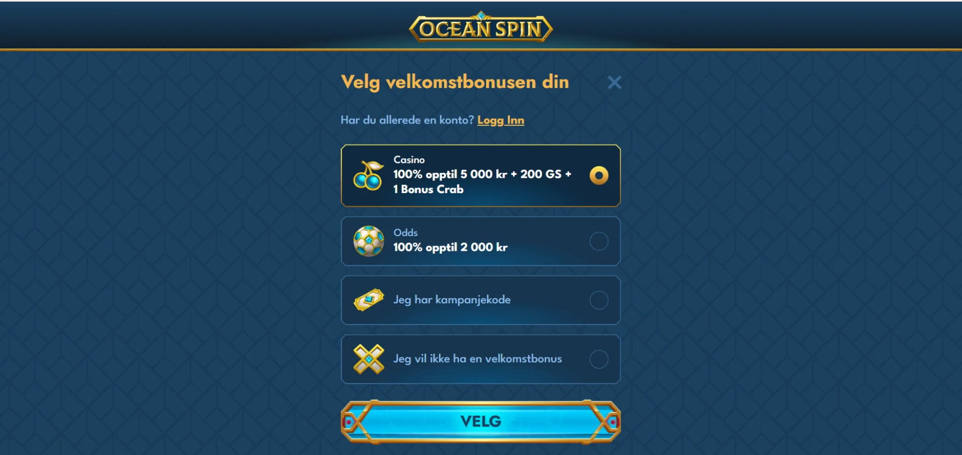 Registreringsskjemaet til Oceanspin casino på en lyseblå bakgrunn med vanntema.