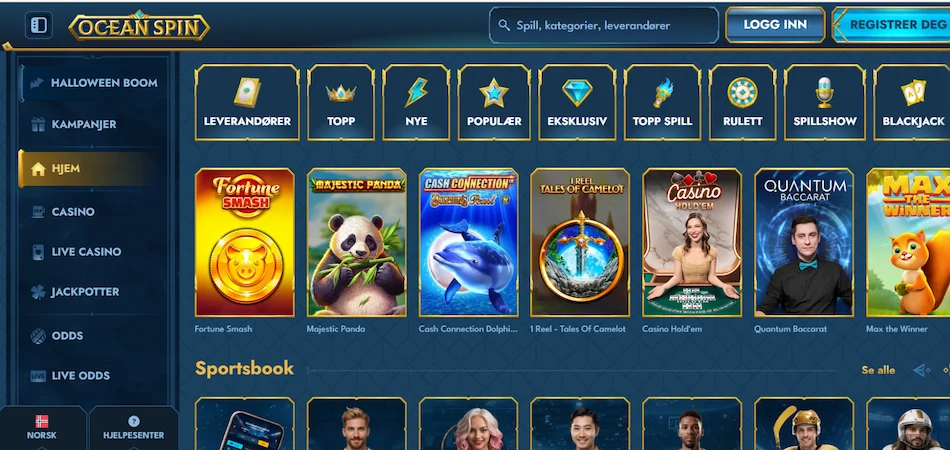 En oversikt over Oceanspin sine casinospill, meny til høyre og spillkategorier øverst.