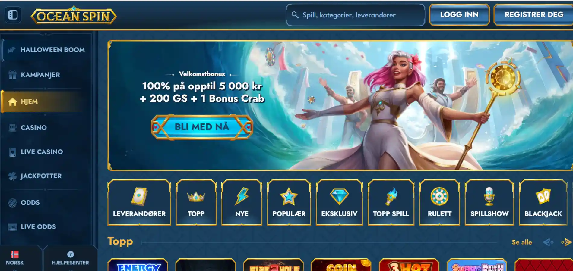 Hjemmesiden til Oceanspin casino med meny til venstre og spillkategorier øverst.