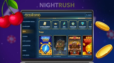 En laptop med Oceanspin casino sine casinospill, meny til venstre, et kirsebær og mynter på utsiden.