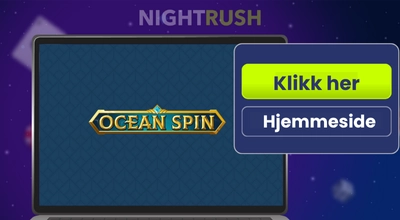 En laptop med logoen til Oceanspin casino, på siden en oppfordring til å klikke på laptopen.