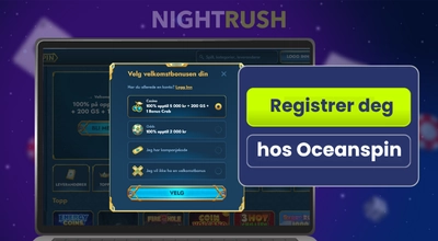 En laptop med registreringsskjemaet til Oceanspin casino, skilt sier: Registrer deg hos Oceanspin.