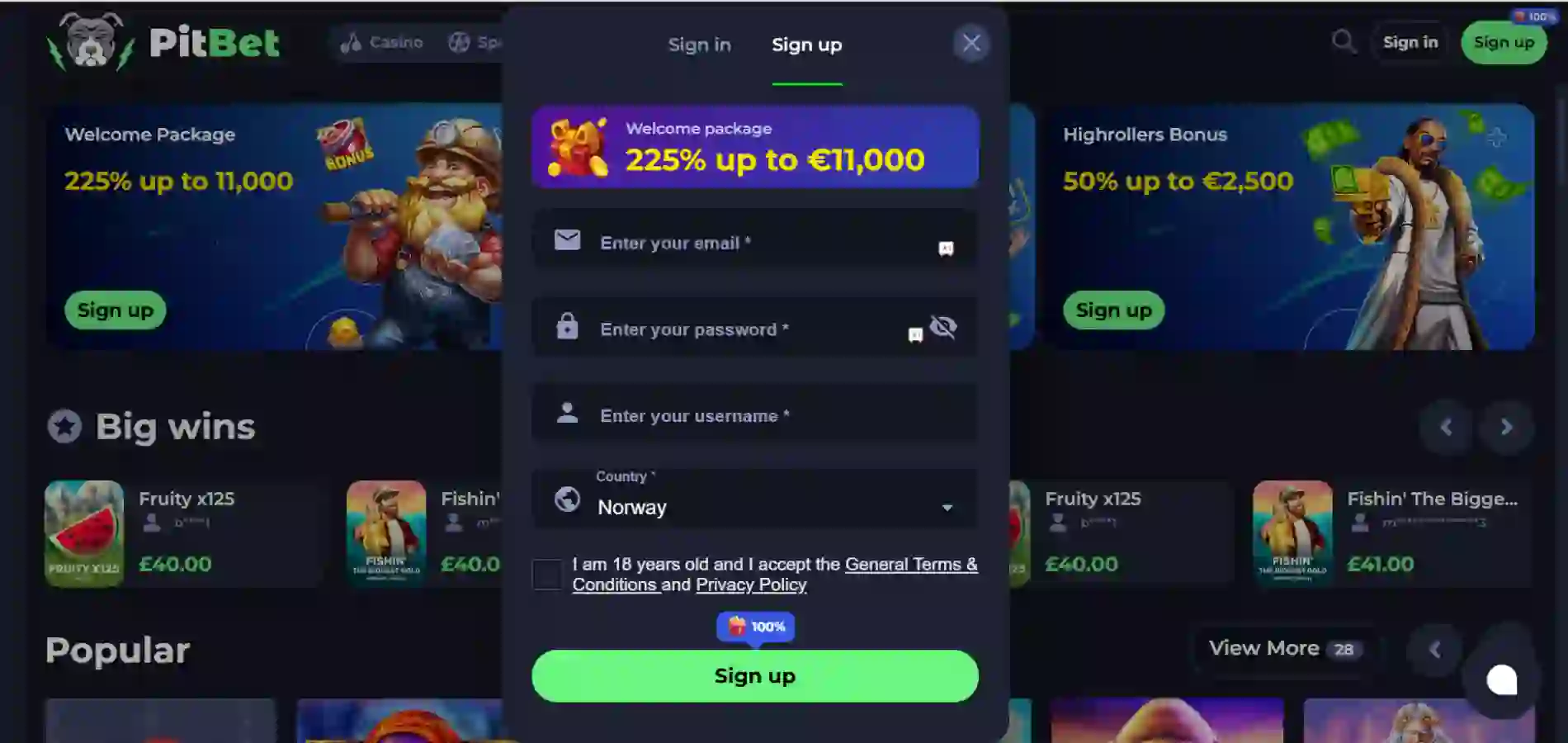 Hjemmesiden til PitBet med registreringsskjemaet midt på skjermen.