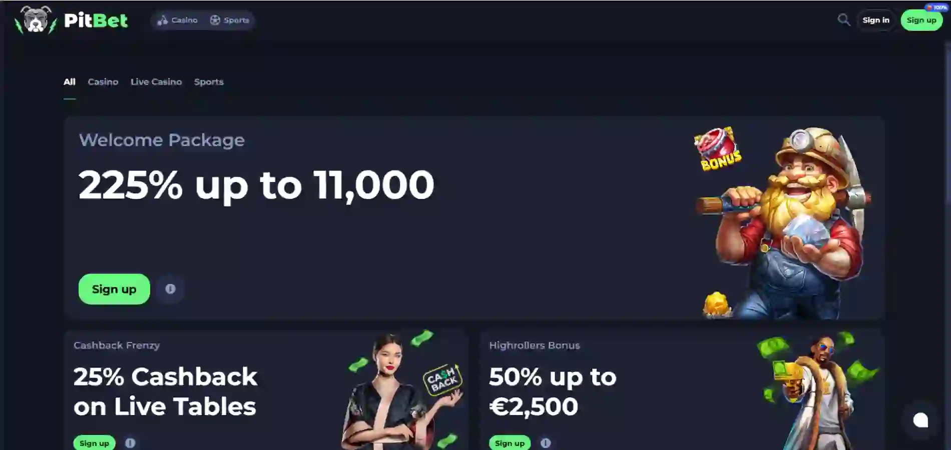 Oversikt over noen av bonusene til PitBet Casino, inkludert velkomstpakken.