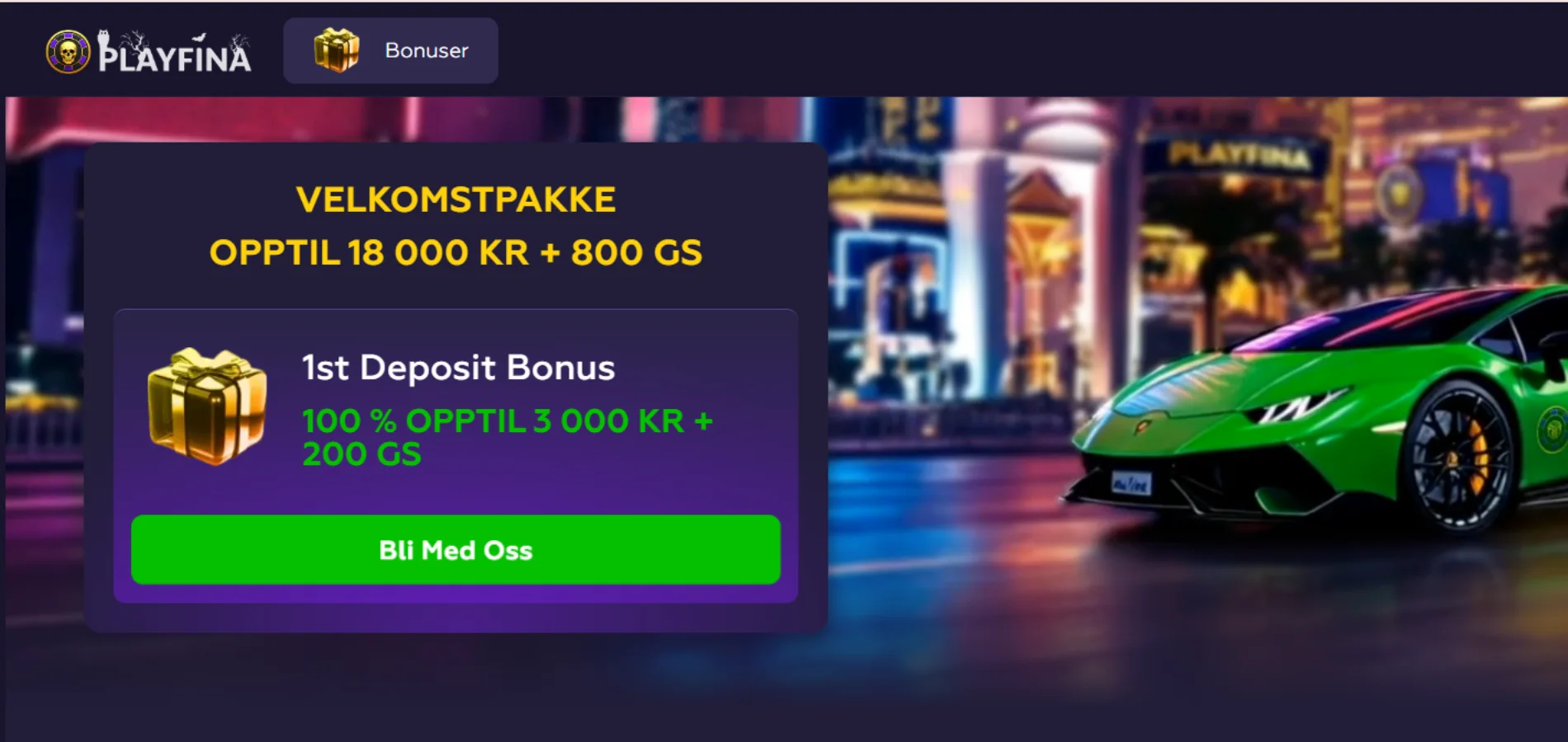 Hjemmesiden til Playfina casino med en sportsbil og velkomsttilbudet 18 000 kr + 800 gratisspinn.
