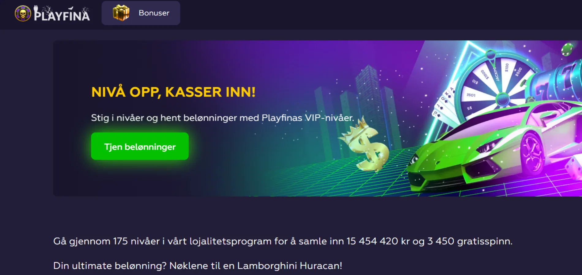 Lojalitetssiden til Playfina casino med en sportsbil i bakgrunnen og en registreringsknapp.
