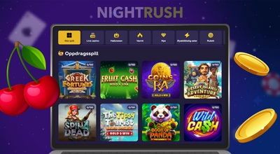 En laptop med Playfina sine casinospill, et kirsebær på venstre side og noen gullmynter på høyre.